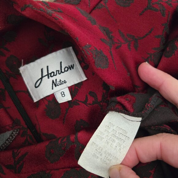 Sz 8 90s Vintage Harlow Nites Red & Black S/S Stretch Jacquard Column Gown - Picture 3 of 9